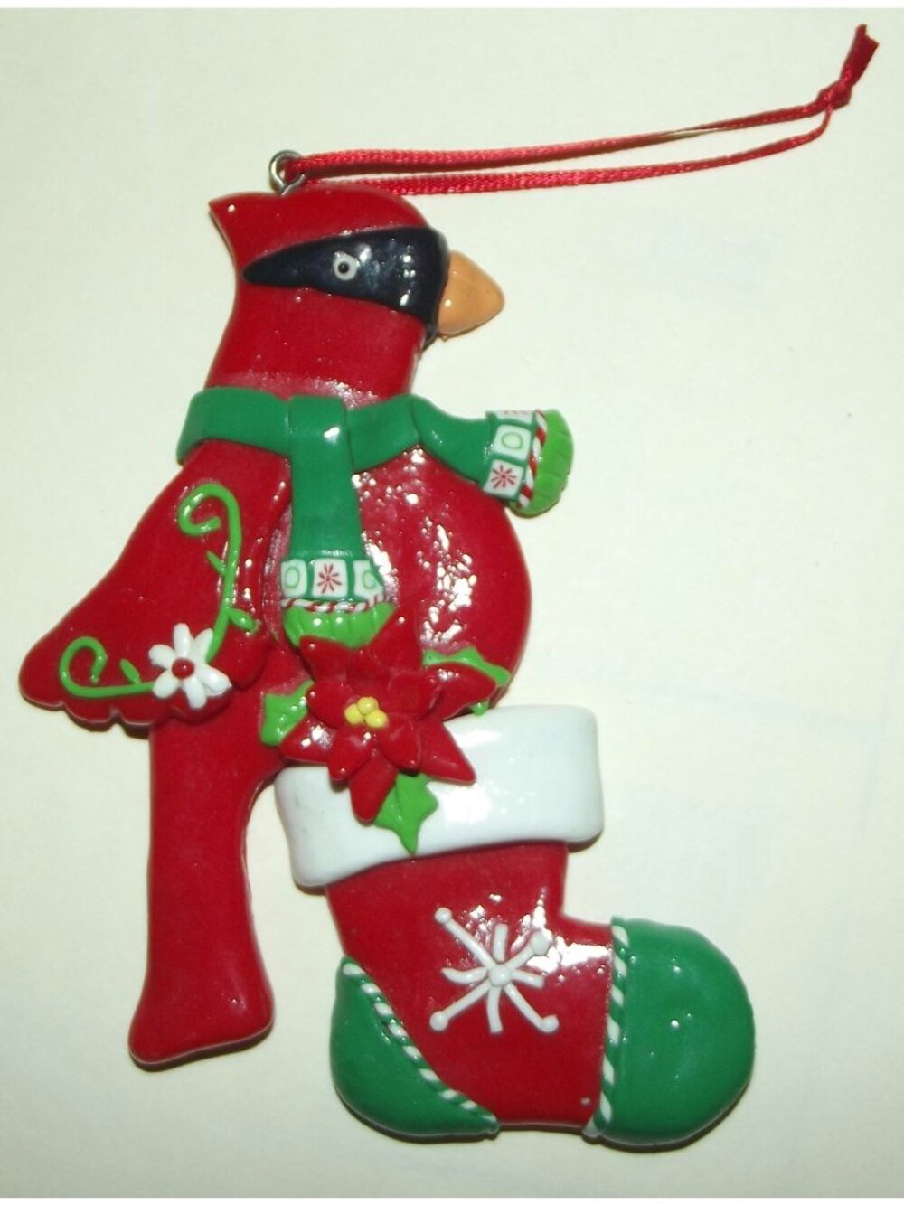 Vintage Cardinal Red Bird Christmas Ornament stocking 4.5" polymer clay